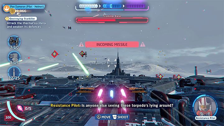 As you take part in this battle remember to focus on all notifications, especially those which indicate that you were locked or targeted by enemy - LEGO Skywalker Saga: Destroying Starkiller - walkthrough - LEGO Skywalker Saga: Episode 7 - The Force Awakens - LEGO Skywalker Saga Guide