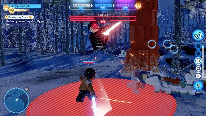 Kylo Ren has red attacks, which include long jumps combined with ground slams, charges and flinging his lightsaber - LEGO Skywalker Saga: Kylo Ren - boss, how to beat? - LEGO Skywalker Saga: Bosses - LEGO Skywalker Saga Guide