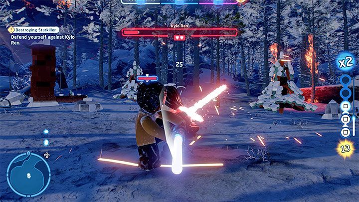 Always attack Kylo Ren with a character using a lightsaber - initially it will be Finn - LEGO Skywalker Saga: Kylo Ren - boss, how to beat? - LEGO Skywalker Saga: Bosses - LEGO Skywalker Saga Guide