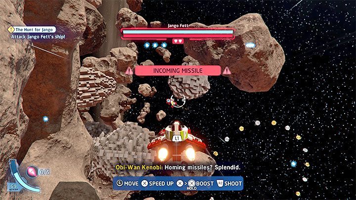During this battle, you have to react to notifications about incoming rockets (example in the screenshot) - LEGO Skywalker Saga: Jango Fett - boss, how to beat? - LEGO Skywalker Saga: Bosses - LEGO Skywalker Saga Guide