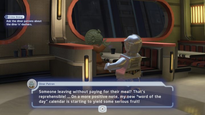 Before talking to the Rodian you must select a protocol droid character, as they know all languages and dialects - LEGO Skywalker Saga: Crime Dining - walkthrough - LEGO Skywalker Saga: Coruscant - Uscru district - LEGO Skywalker Saga Guide