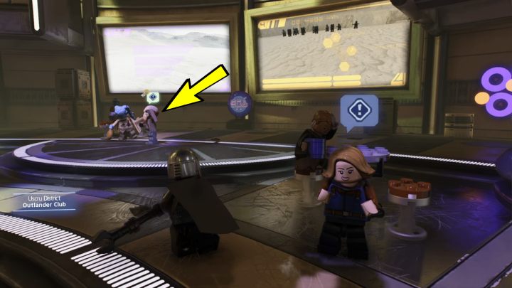 Select a bounty hunter character and head to the Outlander Club at the lowest level of the district - LEGO Skywalker Saga: Crime Dining - walkthrough - LEGO Skywalker Saga: Coruscant - Uscru district - LEGO Skywalker Saga Guide