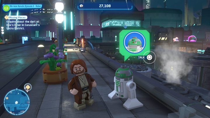Talk to the astromech droid at the highest level of the Uscru district and accept the quest - LEGO Skywalker Saga: A Raw Deal - walkthrough - LEGO Skywalker Saga: Coruscant - Uscru district - LEGO Skywalker Saga Guide