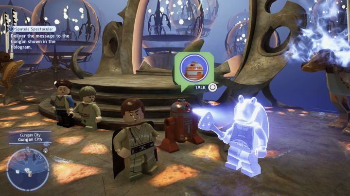 Talk to the droid at Gungan City's main entrance - LEGO Skywalker Saga: Spatula Spectacular - walkthrough - LEGO Skywalker Saga: Naboo - Lake Paonga - LEGO Skywalker Saga Guide