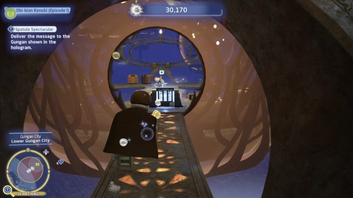 The Gungan you're looking for is in a small room at the bottom of the city, in its north-eastern area - LEGO Skywalker Saga: Spatula Spectacular - walkthrough - LEGO Skywalker Saga: Naboo - Lake Paonga - LEGO Skywalker Saga Guide