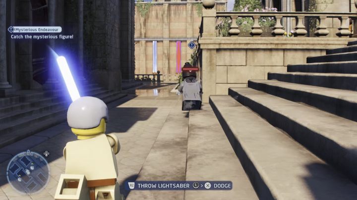 When you talk to the mysterious figure, it will start running away - LEGO Skywalker Saga: Mysterious Endeavor - walkthrough - LEGO Skywalker Saga: Naboo - Theed - LEGO Skywalker Saga Guide