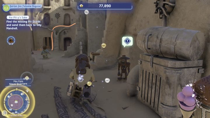 The 3rd droid is hiding between the buildings in the Slave Quarters district, in the western part of the map - LEGO Skywalker Saga: For Pit-ys Sake - walkthrough - LEGO Skywalker Saga: Tatooine - Mos Espa - LEGO Skywalker Saga Guide