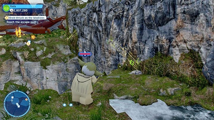 Switch to any of the Wookiees, look up and start aiming at the place shown in picture 1 - you should automatically locate and hit a weak spot - LEGO Skywalker Saga: Droid Attack on the Wookiees - walkthrough - LEGO Skywalker Saga: Episode 3 - Revenge of the Sith - LEGO Skywalker Saga Guide