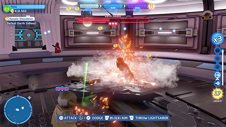 Darth Sidious has to recover for a while after using the lightning spin - LEGO Skywalker Saga: Senate Showdown - walkthrough - LEGO Skywalker Saga: Episode 3 - Revenge of the Sith - LEGO Skywalker Saga Guide