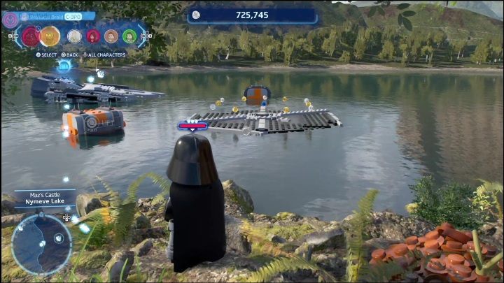 The brick is on a crashed spacecraft in the middle of the lake - LEGO Skywalker Saga: Mazs Castle - list of all puzzles - LEGO Skywalker Saga: Takodona - LEGO Skywalker Saga Guide