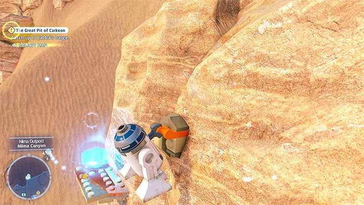 Use the climbing wall from picture 1 - shoot all its unique elements to reveal all hooks - LEGO Skywalker Saga: Niima Outpost - list of all puzzles - LEGO Skywalker Saga: Jakku - LEGO Skywalker Saga Guide