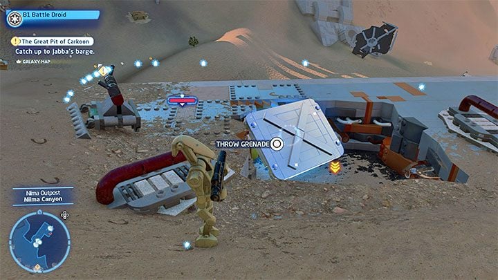 Switch to any character from the Villains class and locate the silver object shown in the picture - LEGO Skywalker Saga: Niima Outpost - list of all puzzles - LEGO Skywalker Saga: Jakku - LEGO Skywalker Saga Guide