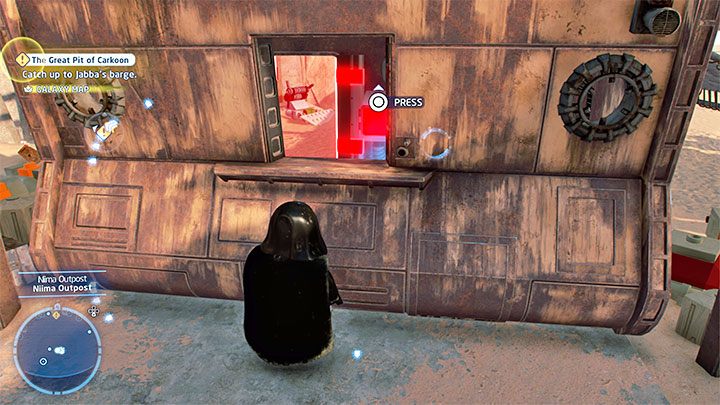 You need to focus on Plutt's Hut, which is blocked by a red forcefield - LEGO Skywalker Saga: Niima Outpost - list of all puzzles - LEGO Skywalker Saga: Jakku - LEGO Skywalker Saga Guide