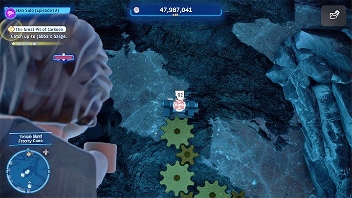 After placing the 3 gears, you have to complete the puzzle by hitting the small target above the gears with a blaster (the picture above) - LEGO Skywalker Saga: Temple Island - list of all puzzles - LEGO Skywalker Saga: Ahch-To - LEGO Skywalker Saga Guide