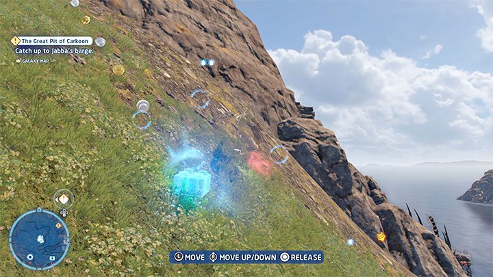 The game suggests that to solve the puzzle, you need to descent after you are above the collectible - LEGO Skywalker Saga: Temple Island - list of all puzzles - LEGO Skywalker Saga: Ahch-To - LEGO Skywalker Saga Guide