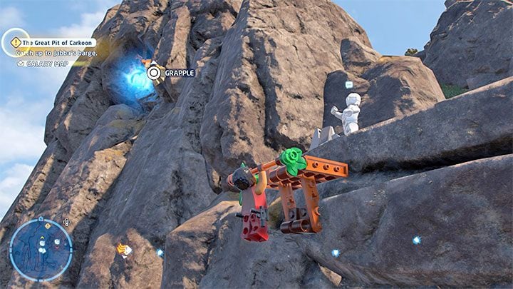 To solve the puzzle, choose any character that can pull itself towards grappling points - LEGO Skywalker Saga: Temple Island - list of all puzzles - LEGO Skywalker Saga: Ahch-To - LEGO Skywalker Saga Guide