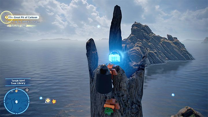 After reaching the marked location, look for a structure resembling a destroyed tree with climbing ledges - LEGO Skywalker Saga: Temple Island - list of all puzzles - LEGO Skywalker Saga: Ahch-To - LEGO Skywalker Saga Guide