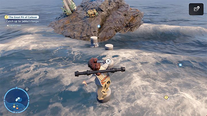 Reaching the collectible is simple - you only have to jump on small objects sticking out of the water - LEGO Skywalker Saga: Temple Island - list of all puzzles - LEGO Skywalker Saga: Ahch-To - LEGO Skywalker Saga Guide