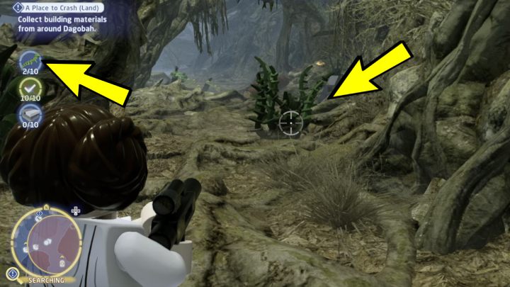 You can pick the plants from the damaged green bushes growing on the ground - LEGO Skywalker Saga: A Place to Crash Land - walkthrough - LEGO Skywalker Saga: Dagobah - Dragonlance Swamp - LEGO Skywalker Saga Guide