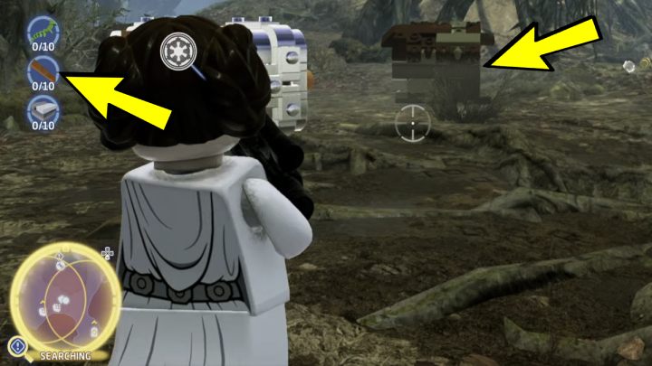 You will find the boards after shooting down the bricks resembling brown and green boxes - LEGO Skywalker Saga: A Place to Crash Land - walkthrough - LEGO Skywalker Saga: Dagobah - Dragonlance Swamp - LEGO Skywalker Saga Guide