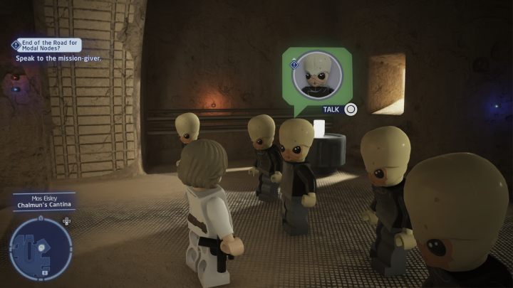 Talk to the NPC in the Mos Eisley canteen and accept the quest - LEGO Skywalker Saga: End of the Road for Modal Nodes - walkthrough - LEGO Skywalker Saga: Tatooine - Mos Eisley - LEGO Skywalker Saga Guide