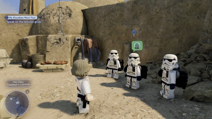 Accept the task from the Stormtrooper standing at the Mos Eisley Canteen - LEGO Skywalker Saga: Ma Klounkee Most Foul - walkthrough, description - LEGO Skywalker Saga: Tatooine - Mos Eisley - LEGO Skywalker Saga Guide