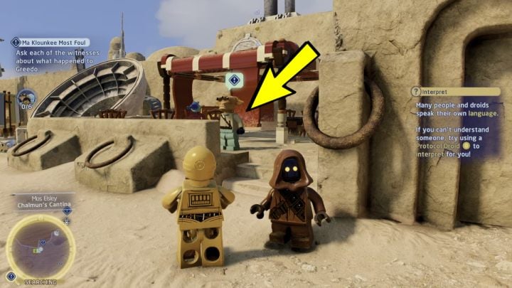 The next witness will be standing by the trampoline - LEGO Skywalker Saga: Ma Klounkee Most Foul - walkthrough, description - LEGO Skywalker Saga: Tatooine - Mos Eisley - LEGO Skywalker Saga Guide