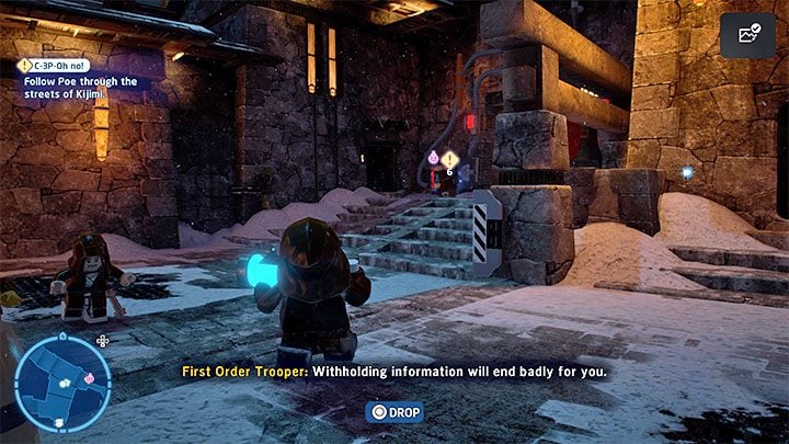 Reach the exclamation mark on the mini-map and you will find an energy source shown in picture 1 - LEGO Skywalker Saga: C-3P-Oh No! - walkthrough - LEGO Skywalker Saga: Episode 9 - The Rise of Skywalker - LEGO Skywalker Saga Guide