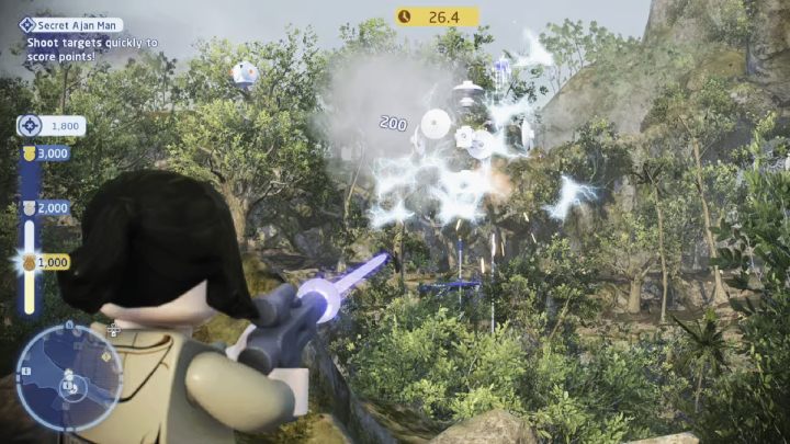 To complete the trial, you have to score as many points as possible by shooting down flying droids within 60 seconds - LEGO Skywalker Saga: Ajan Kloss - trials, walkthrough - LEGO Skywalker Saga: Trials - LEGO Skywalker Saga Guide