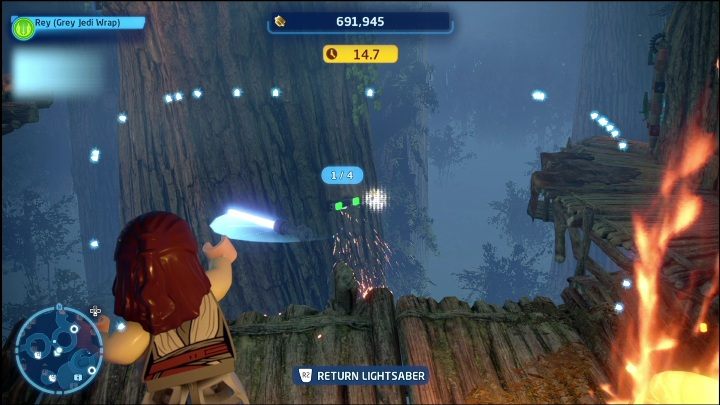 You will open the passage to this brick when you destroy 4 points on the nearby trees within 15 seconds - LEGO Skywalker Saga: Ewok Village - list of all puzzles - LEGO Skywalker Saga: Endor - LEGO Skywalker Saga Guide