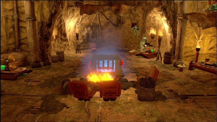 You can get another brick locked in the room by standing on 3 wooden buttons - LEGO Skywalker Saga: Ewok Village - list of all puzzles - LEGO Skywalker Saga: Endor - LEGO Skywalker Saga Guide