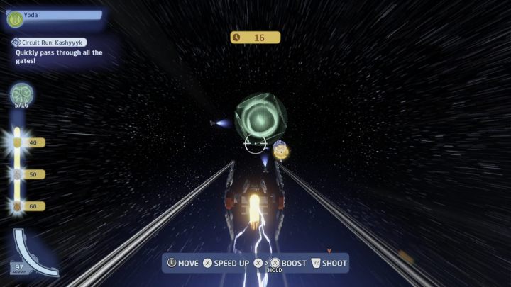 The trial requires you to pass all 16 gates in the shortest time possible - LEGO Skywalker Saga: Kashyyyk - trial, walkthrough - LEGO Skywalker Saga: Trials - LEGO Skywalker Saga Guide