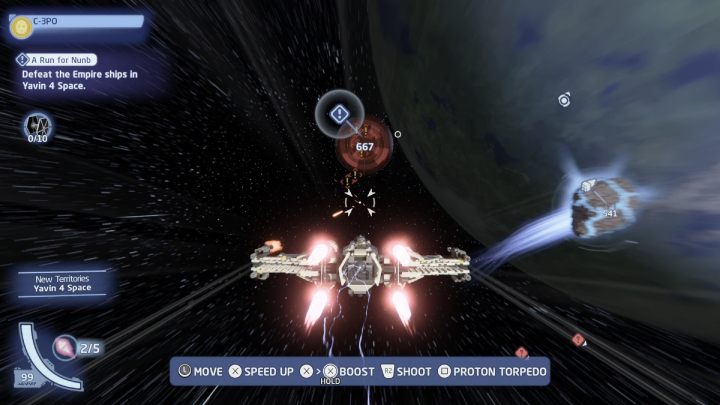 Once you finally reach Yavin 4's local space, approach the questgiver's ship and shoot down all Imperial ships - LEGO Skywalker Saga: A Run for Nunb - walkthrough - LEGO Skywalker Saga: Hoth - local space - LEGO Skywalker Saga Guide