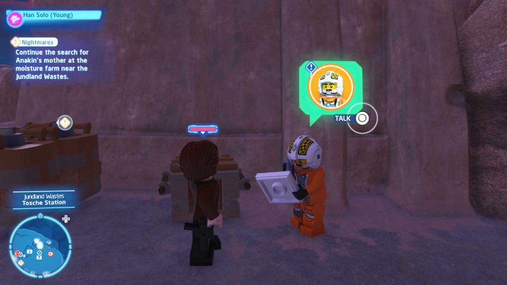 Talk to the questgiver in Jundland Wastes while playing as a Scoundrel - LEGO Skywalker Saga: Biggs Trouble - walkthrough - LEGO Skywalker Saga: Tatooine - the desert of Jundland - LEGO Skywalker Saga Guide