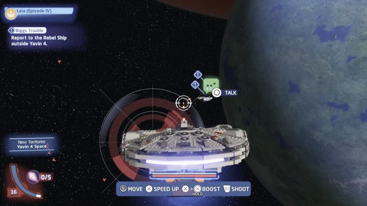 Once you're there, fly towards the rebel ship and talk to the commander - LEGO Skywalker Saga: Biggs Trouble - walkthrough - LEGO Skywalker Saga: Tatooine - the desert of Jundland - LEGO Skywalker Saga Guide