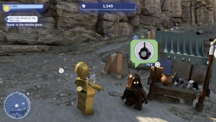 As a Protocol Droid, talk to the NPC and accept the task - LEGO Skywalker Saga: Dont Be Afraid of the Darkeye - walkthrough - LEGO Skywalker Saga: Tatooine - the desert of Jundland - LEGO Skywalker Saga Guide