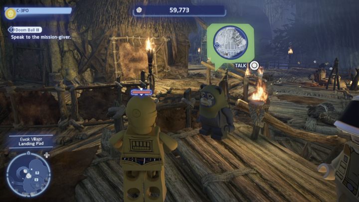While controlling the protocol droid, talk to the NPC in the Ewok village and accept the quest - LEGO Skywalker Saga: Doom Ball III - walkthrough - LEGO Skywalker Saga: Endor - the ewok village - LEGO Skywalker Saga Guide