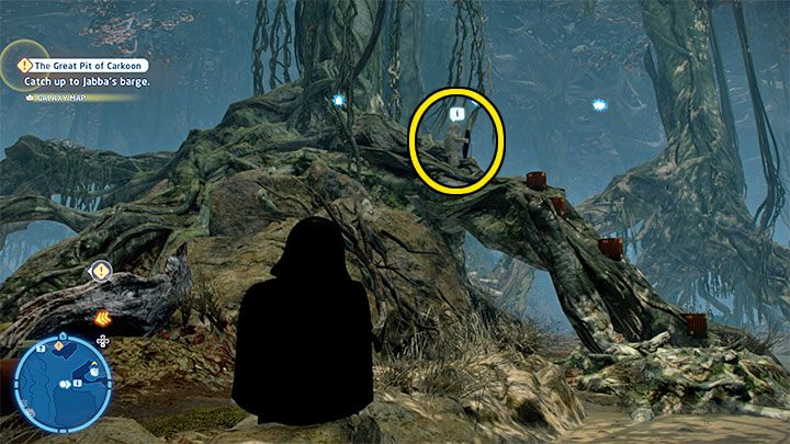 You have to jump over the protruding small trunks to reach the Wookiee shown in the screenshot, standing at the base of one of the big trees - LEGO Skywalker Saga: Wheres the Wookiee? - list of all (part 1) - LEGO Skywalker Saga: Challenges - LEGO Skywalker Saga Guide