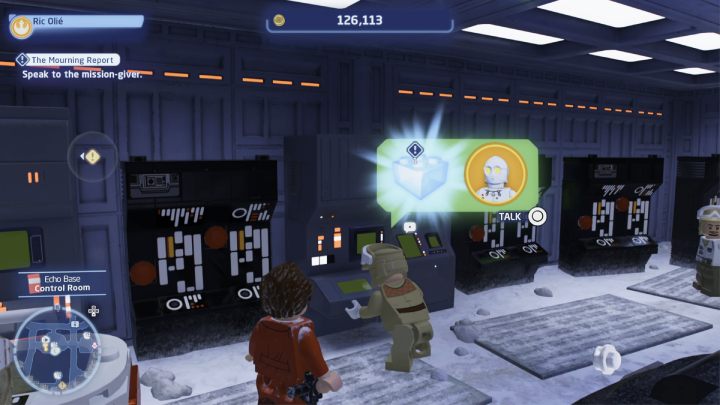 Talk to the quest giver in Echo Base's control room - LEGO Skywalker Saga: The Mourning Report - walkthrough - LEGO Skywalker Saga: Hoth - Echo base - LEGO Skywalker Saga Guide