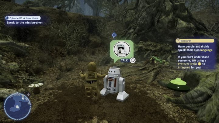 Talk to the questgiver while controlling a protocol droid - LEGO Skywalker Saga: Episode IV: A New Home - walkthrough - LEGO Skywalker Saga: Dagobah - Dragonlance Swamp - LEGO Skywalker Saga Guide