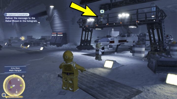 The person you're looking for is on a platform in the main hangar - LEGO Skywalker Saga: Clipboard Conundrum - walkthrough - LEGO Skywalker Saga: Hoth - Echo base - LEGO Skywalker Saga Guide