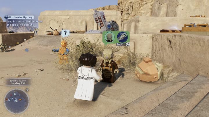 After landing on Tatooine, talk to the questgiver found next to your ship - LEGO Skywalker Saga: Mist Hunter Mystery - walkthrough - LEGO Skywalker Saga: Bespin - City in the Clouds - LEGO Skywalker Saga Guide