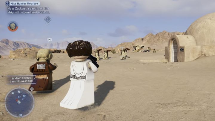 Escort Zuckuss to the destination, protecting him from enemies - LEGO Skywalker Saga: Mist Hunter Mystery - walkthrough - LEGO Skywalker Saga: Bespin - City in the Clouds - LEGO Skywalker Saga Guide
