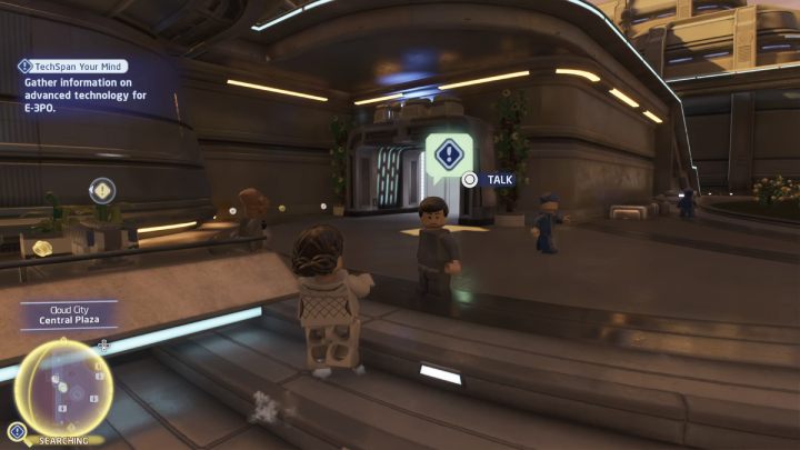 Follow the marker to the search area and talk to the man by the stairs, near the huge fountain - LEGO Skywalker Saga: TechSpan Your Mind - walkthrough - LEGO Skywalker Saga: Bespin - City in the Clouds - LEGO Skywalker Saga Guide