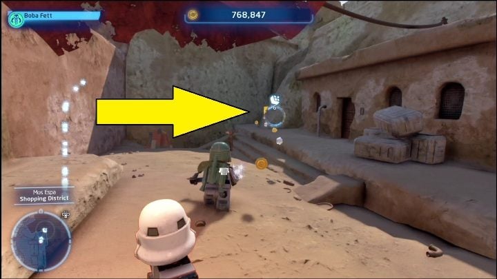 The next brick can be found outside the main road, in the eastern part of the location - LEGO Skywalker Saga: Mos Espa - list of all puzzles - LEGO Skywalker Saga: Tatooine - LEGO Skywalker Saga Guide