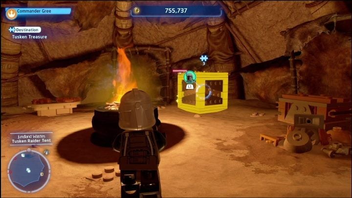 This brick can be found in the tent, in order to get to it you have to shoot down the chest as the Bounty Hunter - LEGO Skywalker Saga: Jundland Wastes - list of all puzzles - LEGO Skywalker Saga: Tatooine - LEGO Skywalker Saga Guide