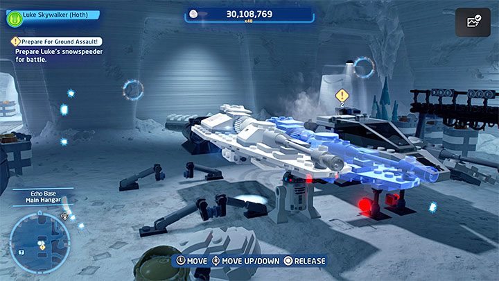 The second step is to use the Force to move the wing and attach it to the right side of the machine - LEGO Skywalker Saga: Assault on Echo Base - walkthrough - LEGO Skywalker Saga: Episode 5 - The Empire Strikes Back - LEGO Skywalker Saga Guide