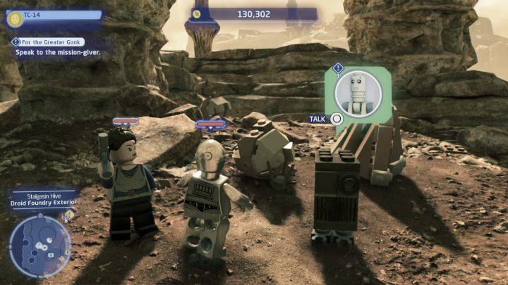 You must talk to the questgiver at the Stalgasin Hive on Geonosis while playing as a protocol droid - LEGO Skywalker Saga: For the Greater Gonk - walkthrough - LEGO Skywalker Saga: Geonosis - UI Stalgasin - LEGO Skywalker Saga Guide