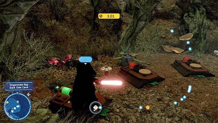 The Kyber Brick is locked in a cage - LEGO Skywalker Saga: Dragonsnake Bog - list of all puzzles - LEGO Skywalker Saga: Dagobah - LEGO Skywalker Saga Guide