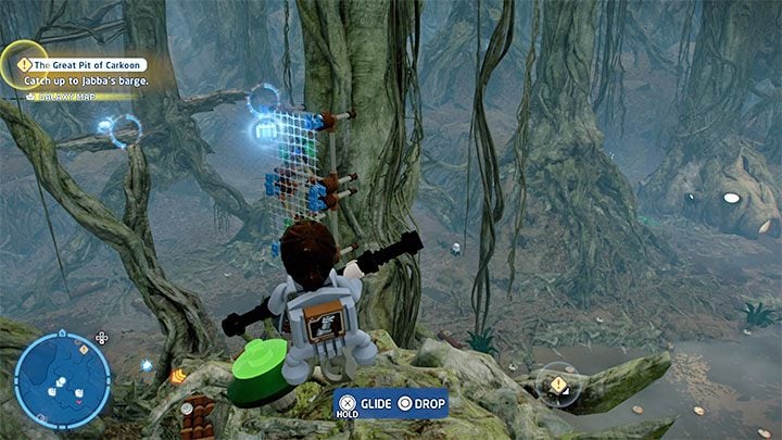 The brick levitates next to the vertical platforms for hanging nets - see picture above - LEGO Skywalker Saga: Dragonsnake Bog - list of all puzzles - LEGO Skywalker Saga: Dagobah - LEGO Skywalker Saga Guide